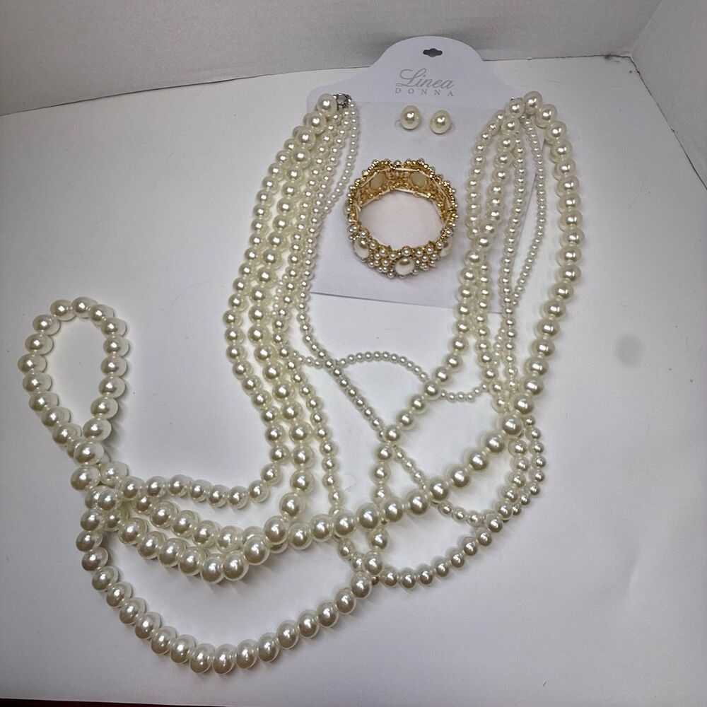 Linea Donna 5 Strand Extra Long Faux Pearl Necklace Earring Bracelet Set New